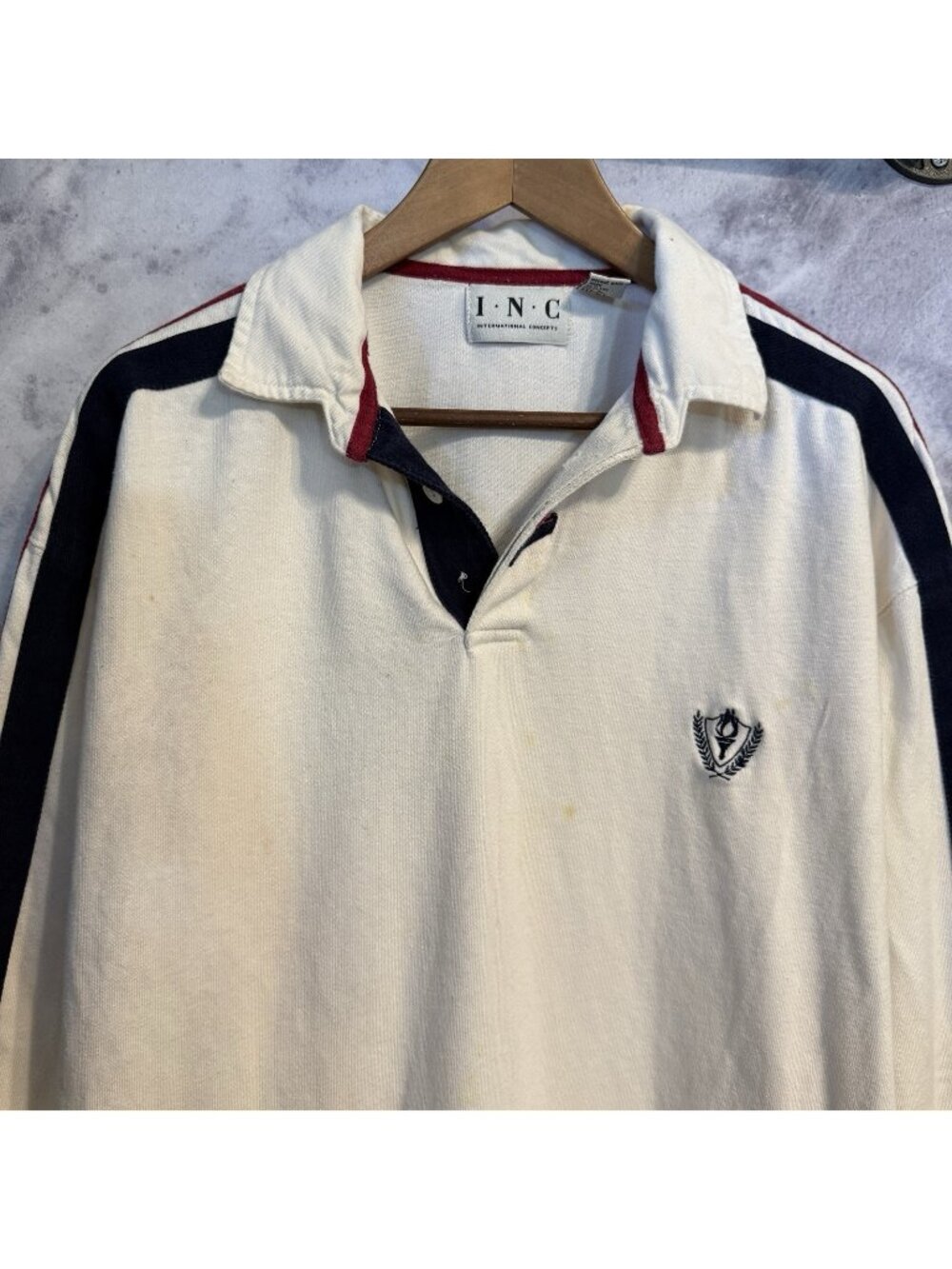 International Concepts INC Rugby Shirt Mens Large L White Long Sleeve Vintage